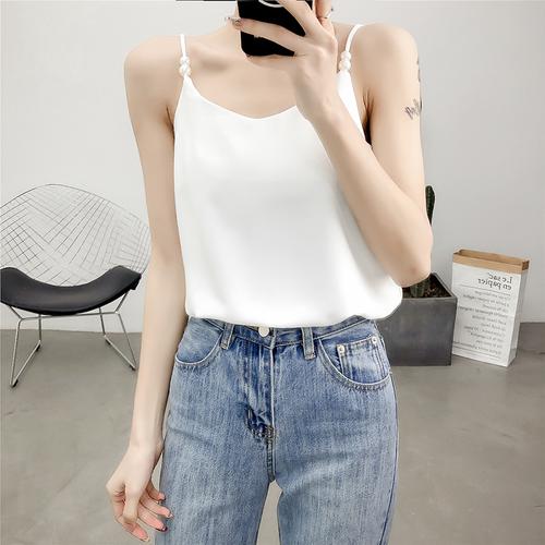 2019珍珠肩带打底吊带背心女装 春夏季性感v领小心机